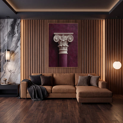 Plum Classical Column Capital Architectural wall art in an elegant modern room – cream carved column capital
