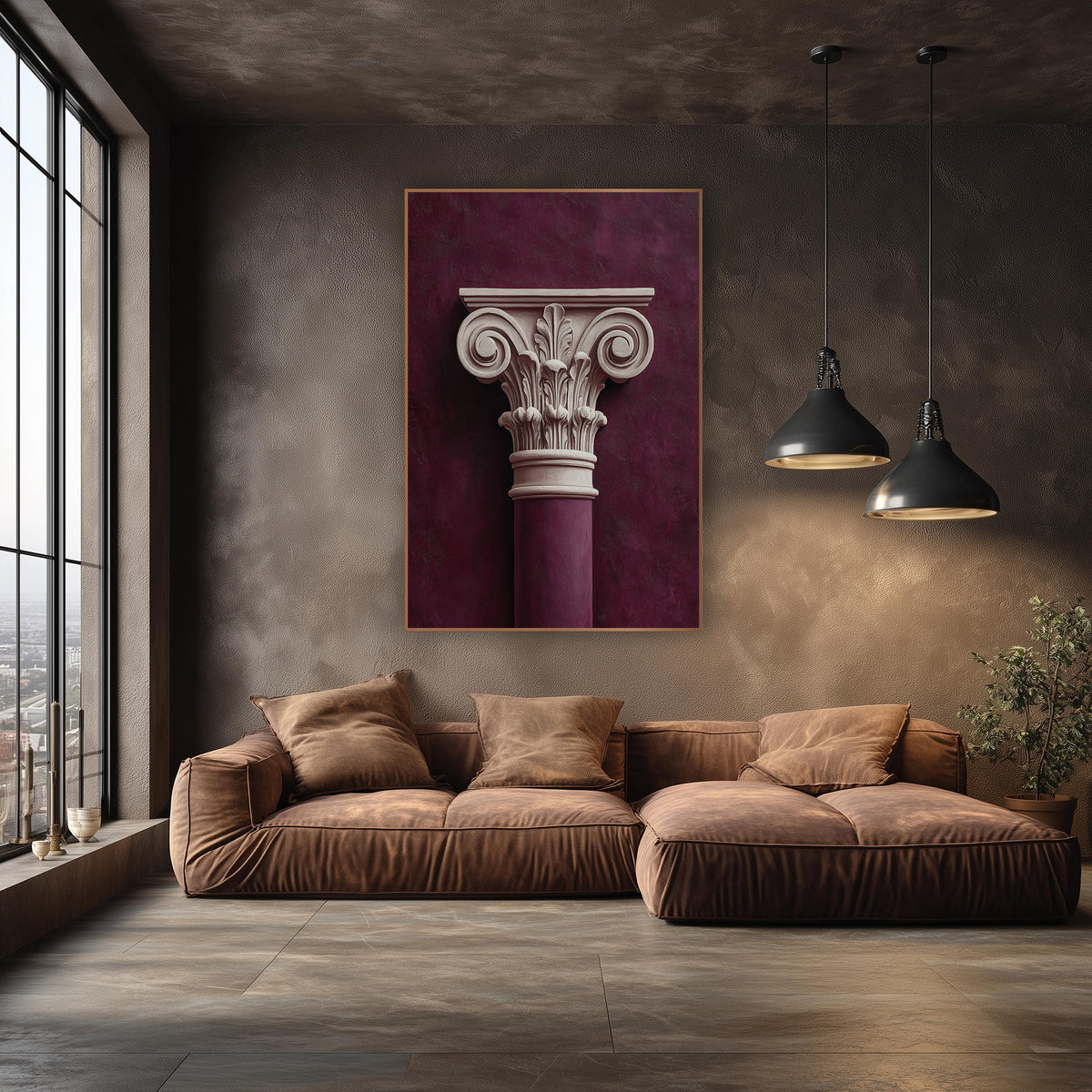 Plum Classical Column Capital Architectural wall art in an elegant modern room – cream carved column capital
