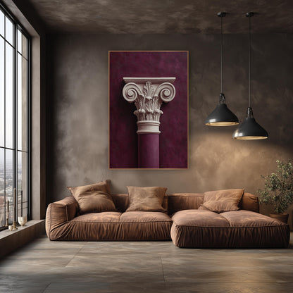 Plum Classical Column Capital Architectural wall art in an elegant modern room – cream carved column capital