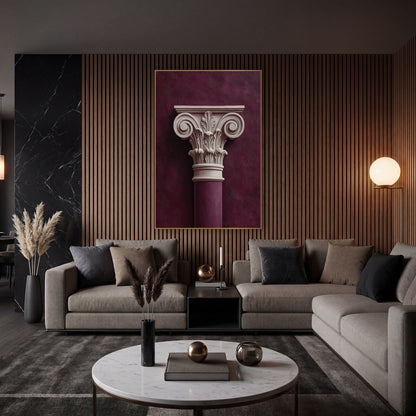 Plum Classical Column Capital Architectural wall art in an elegant modern room – cream carved column capital