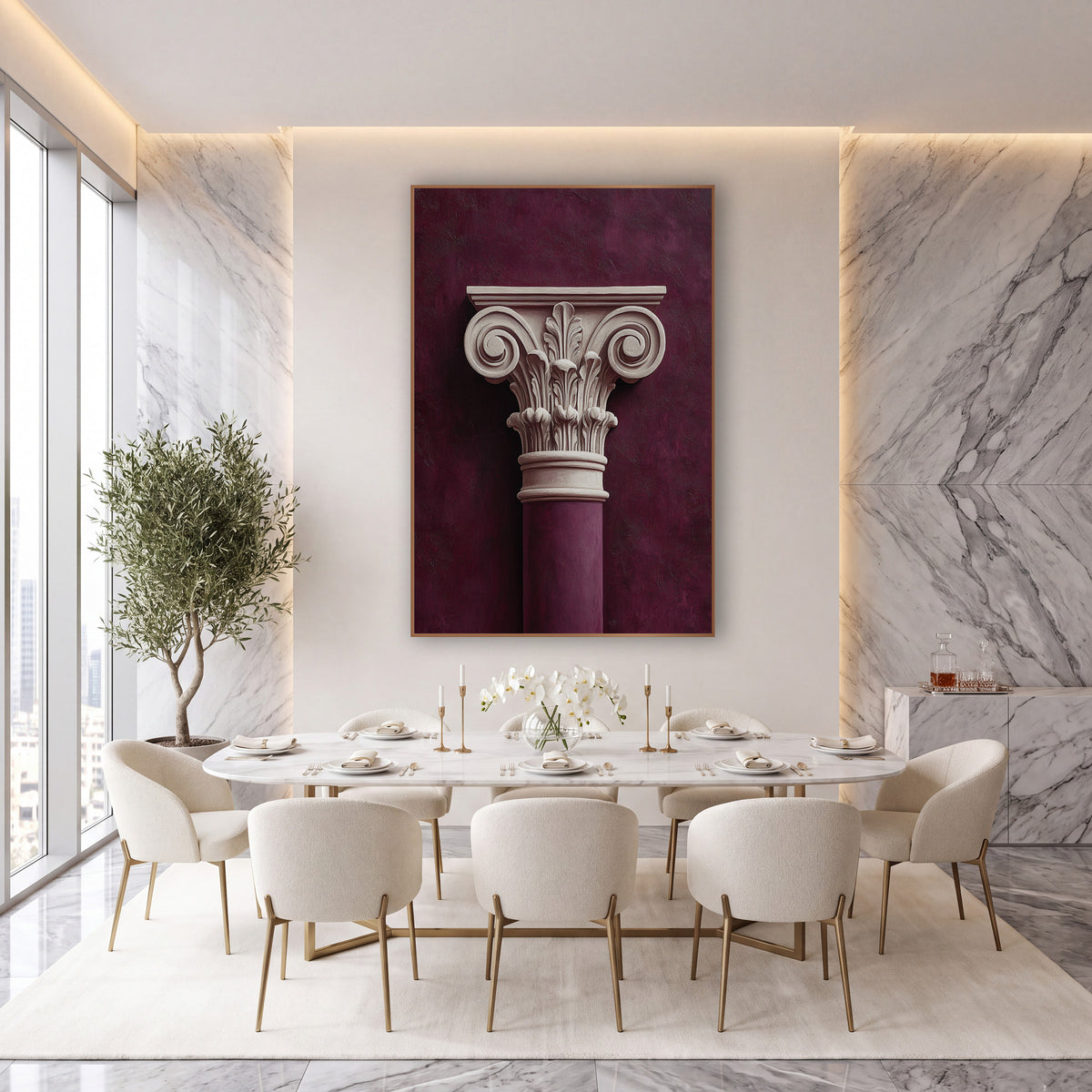 Plum Classical Column Capital Architectural wall art in an elegant modern room – cream carved column capital