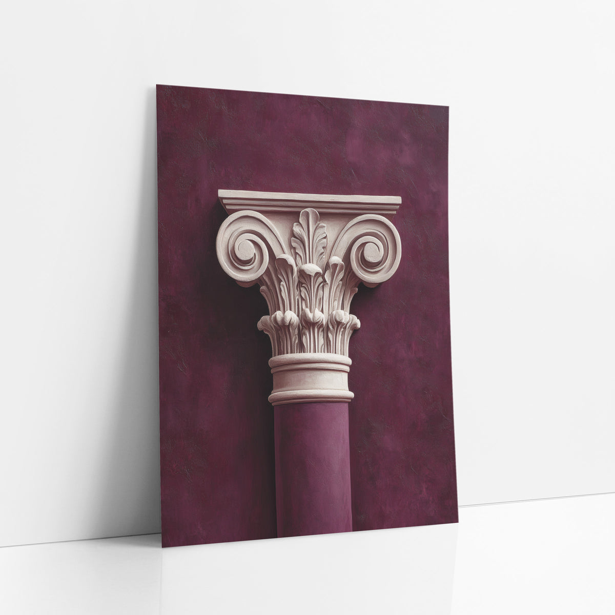 Plum Classical Column Capital Architectural art print leaning against a white wall – cream carved column capital with spiral