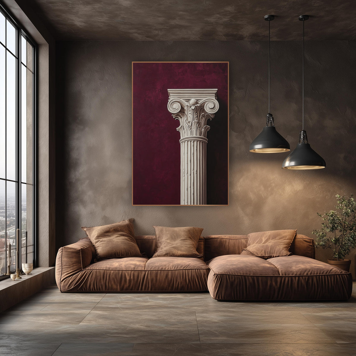 Ivory Classical Column Capital Burgundy wall art in an elegant modern room – ivory classical column with spiral