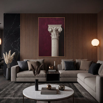 Ivory Classical Column Capital Burgundy wall art in an elegant modern room – ivory classical column with spiral
