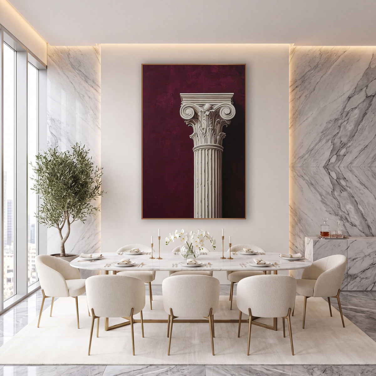 Ivory Classical Column Capital Burgundy wall art in an elegant modern room – ivory classical column with spiral