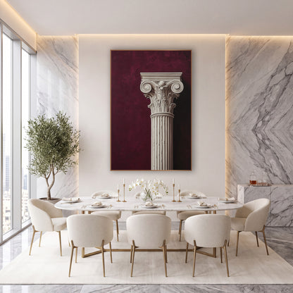 Ivory Classical Column Capital Burgundy wall art in an elegant modern room – ivory classical column with spiral