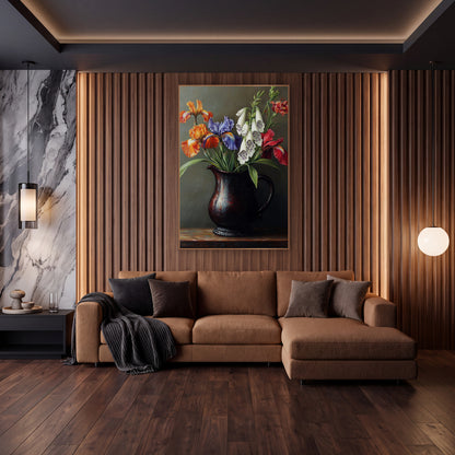 Iris Foxglove Pitcher Still Life wall art in an elegant modern room – still life of orange, violet and red irises