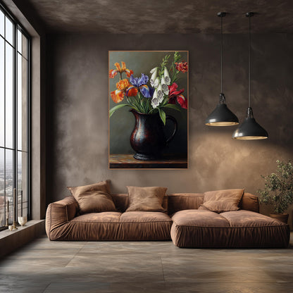 Iris Foxglove Pitcher Still Life wall art in an elegant modern room – still life of orange, violet and red irises