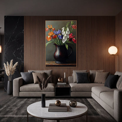 Iris Foxglove Pitcher Still Life wall art in an elegant modern room – still life of orange, violet and red irises