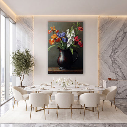 Iris Foxglove Pitcher Still Life wall art in an elegant modern room – still life of orange, violet and red irises