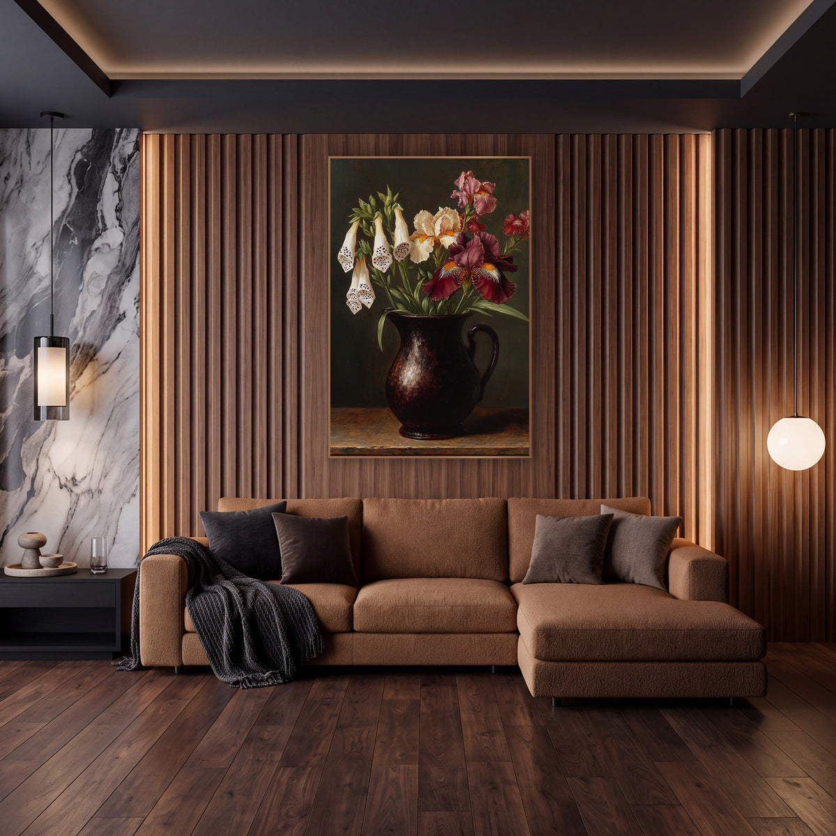 Burgundy Iris Hanging Foxglove Classic wall art in an elegant modern room – still life of burgundy and cream iris