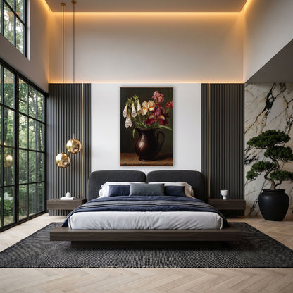 Burgundy Iris Hanging Foxglove Classic wall art in an elegant modern room – still life of burgundy and cream iris