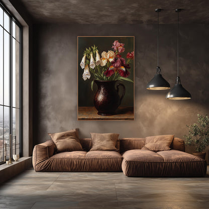 Burgundy Iris Hanging Foxglove Classic wall art in an elegant modern room – still life of burgundy and cream iris