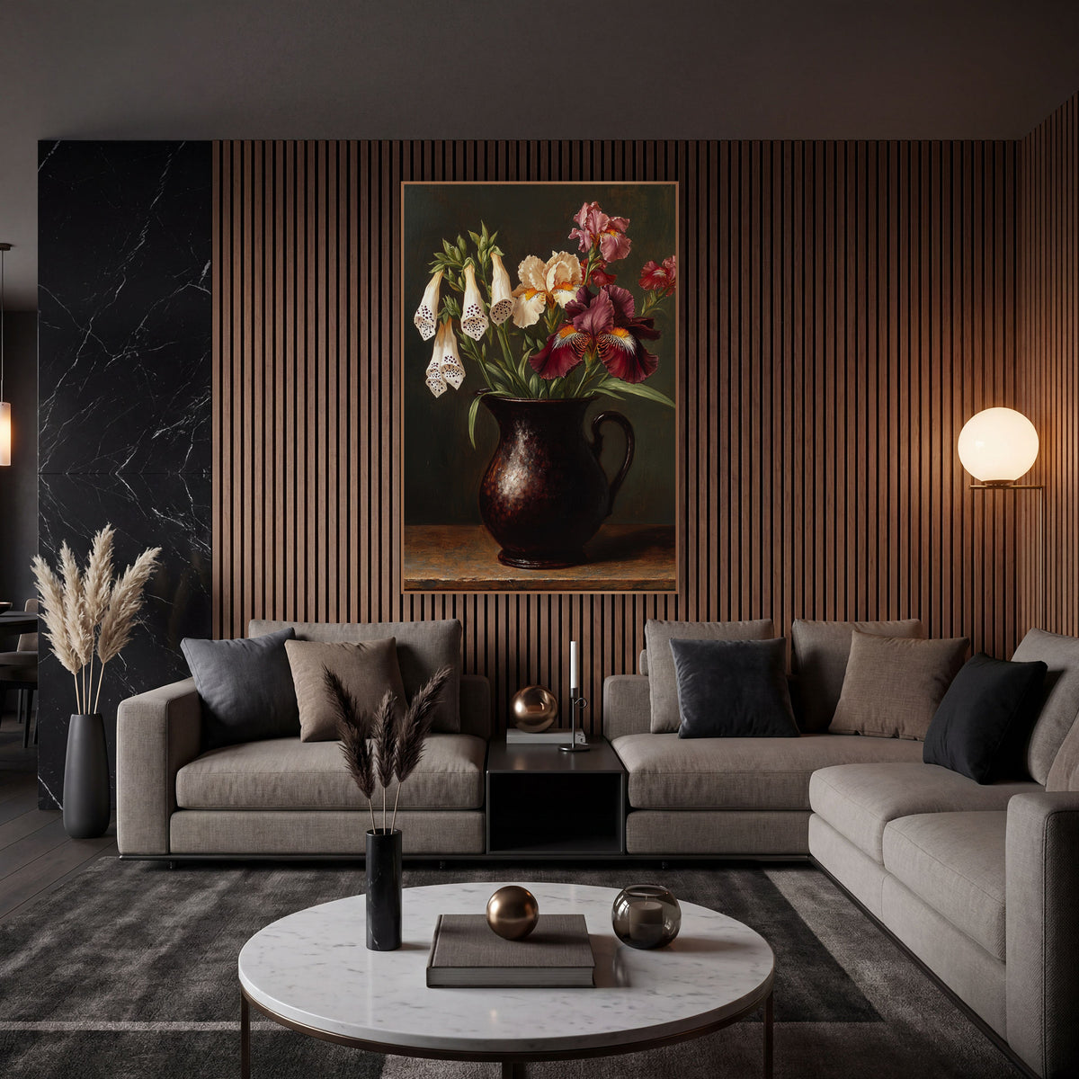 Burgundy Iris Hanging Foxglove Classic wall art in an elegant modern room – still life of burgundy and cream iris