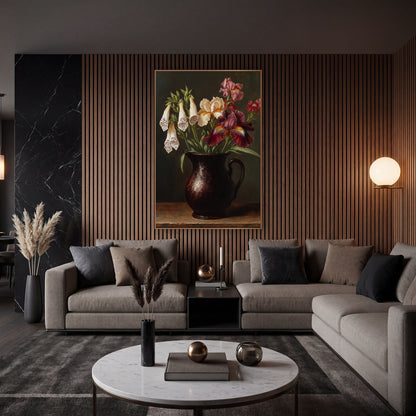 Burgundy Iris Hanging Foxglove Classic wall art in an elegant modern room – still life of burgundy and cream iris