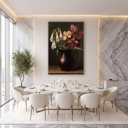 Burgundy Iris Hanging Foxglove Classic wall art in an elegant modern room – still life of burgundy and cream iris