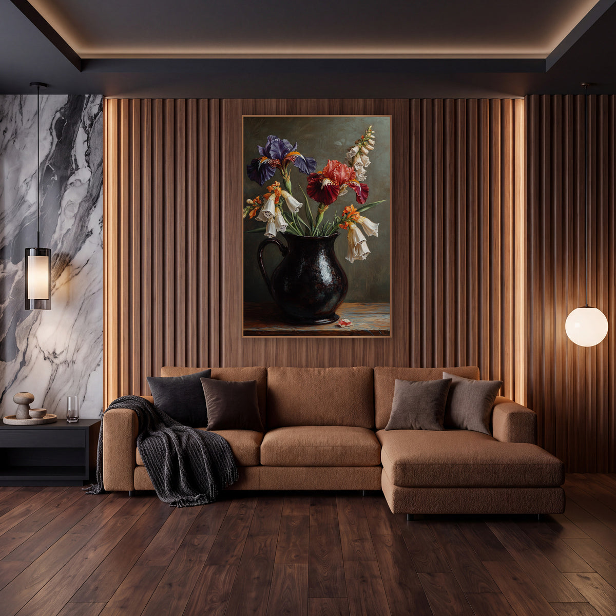 Indigo Crimson Iris Orange Foxglove Painterly wall art in an elegant modern room – still life of purple and red irises