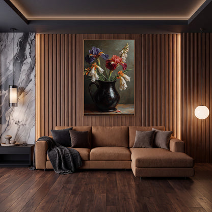 Indigo Crimson Iris Orange Foxglove Painterly wall art in an elegant modern room – still life of purple and red irises