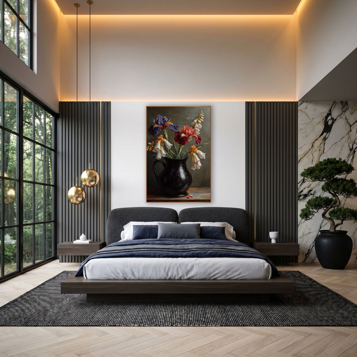 Indigo Crimson Iris Orange Foxglove Painterly wall art in an elegant modern room – still life of purple and red irises
