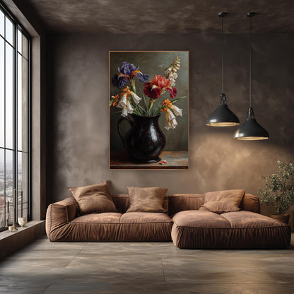 Indigo Crimson Iris Orange Foxglove Painterly wall art in an elegant modern room – still life of purple and red irises