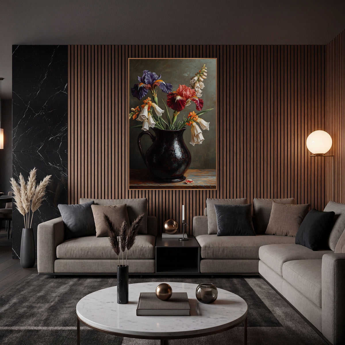 Indigo Crimson Iris Orange Foxglove Painterly wall art in an elegant modern room – still life of purple and red irises