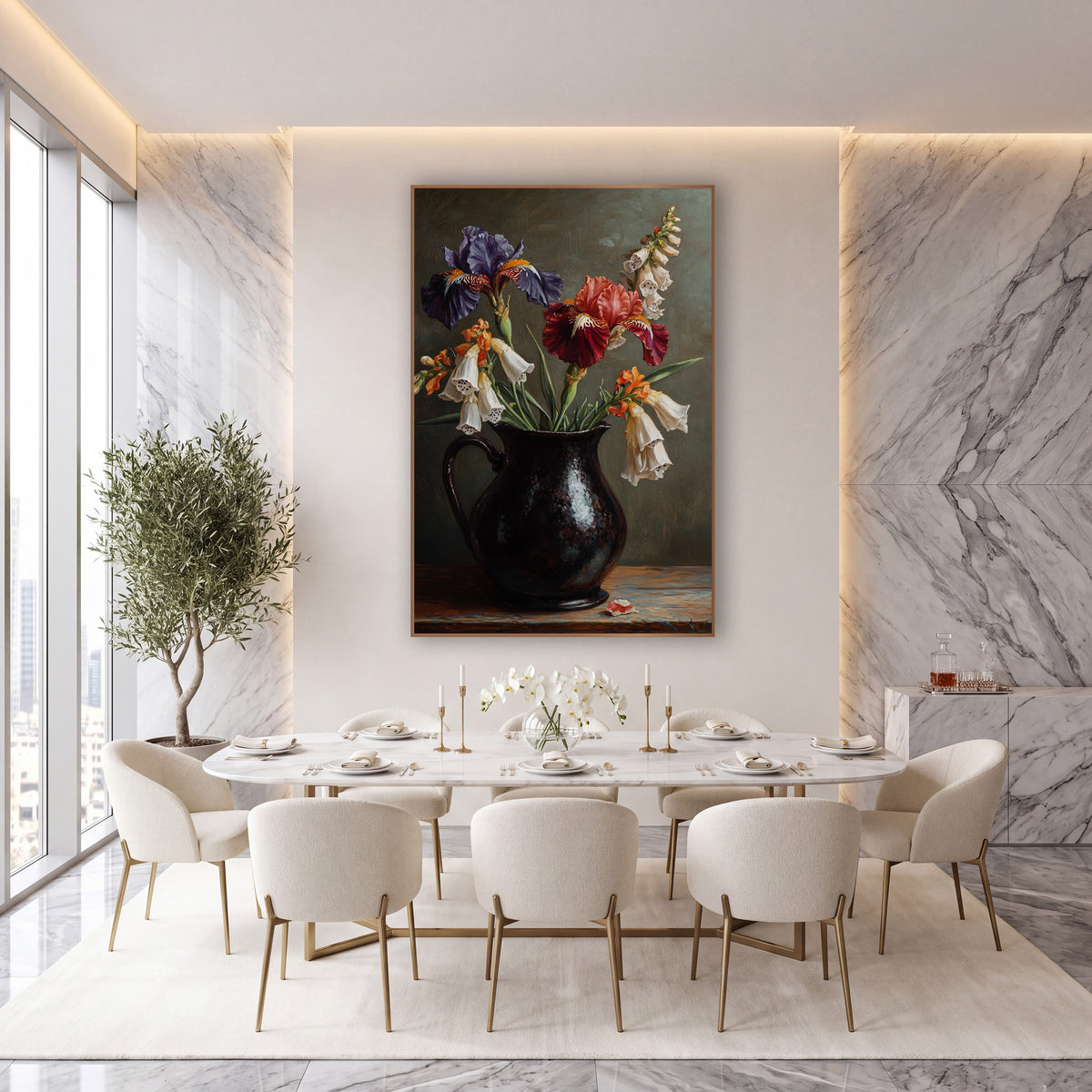 Indigo Crimson Iris Orange Foxglove Painterly wall art in an elegant modern room – still life of purple and red irises