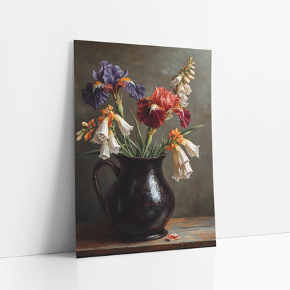 Indigo Crimson Iris Orange Foxglove Painterly art print leaning against a white wall – still life of purple and red irises