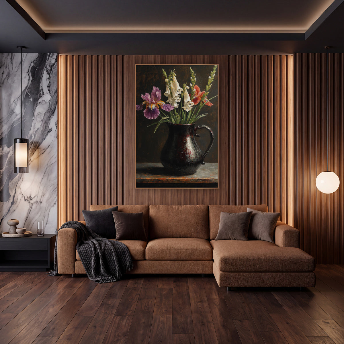 Lavender Iris Upright Foxglove Dramatic wall art in an elegant modern room – purple and coral irises with white