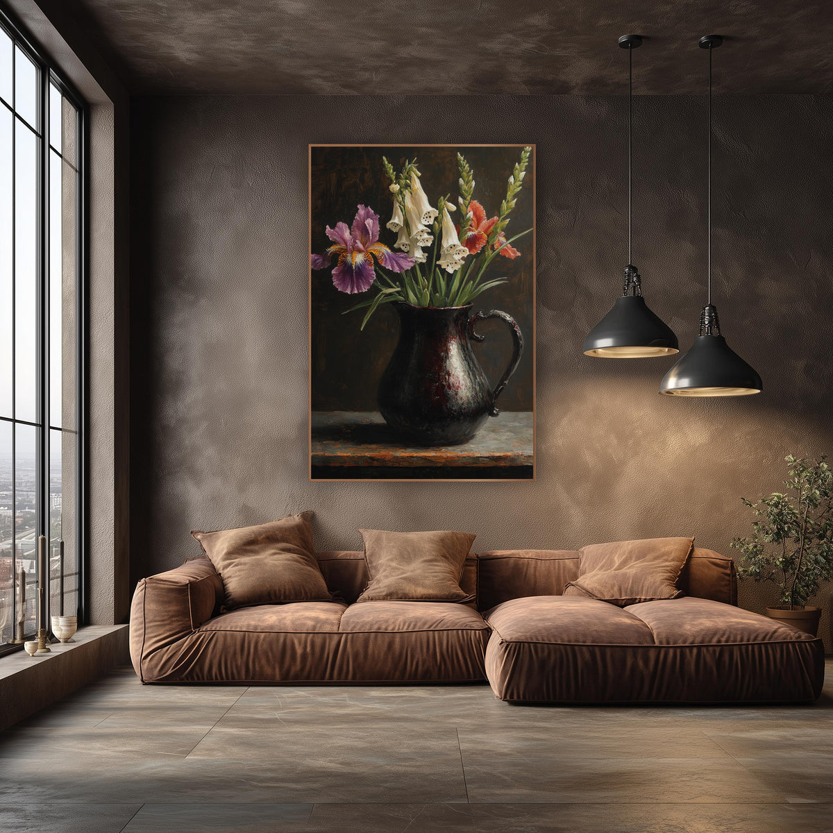 Lavender Iris Upright Foxglove Dramatic wall art in an elegant modern room – purple and coral irises with white