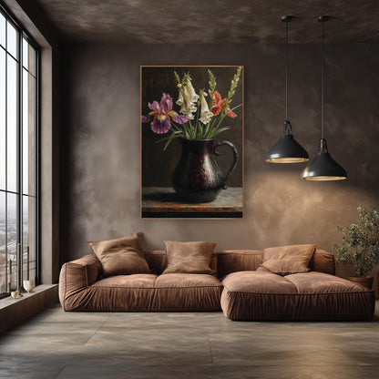Lavender Iris Upright Foxglove Dramatic wall art in an elegant modern room – purple and coral irises with white