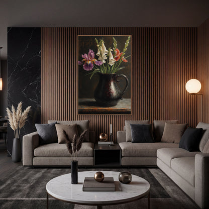 Lavender Iris Upright Foxglove Dramatic wall art in an elegant modern room – purple and coral irises with white