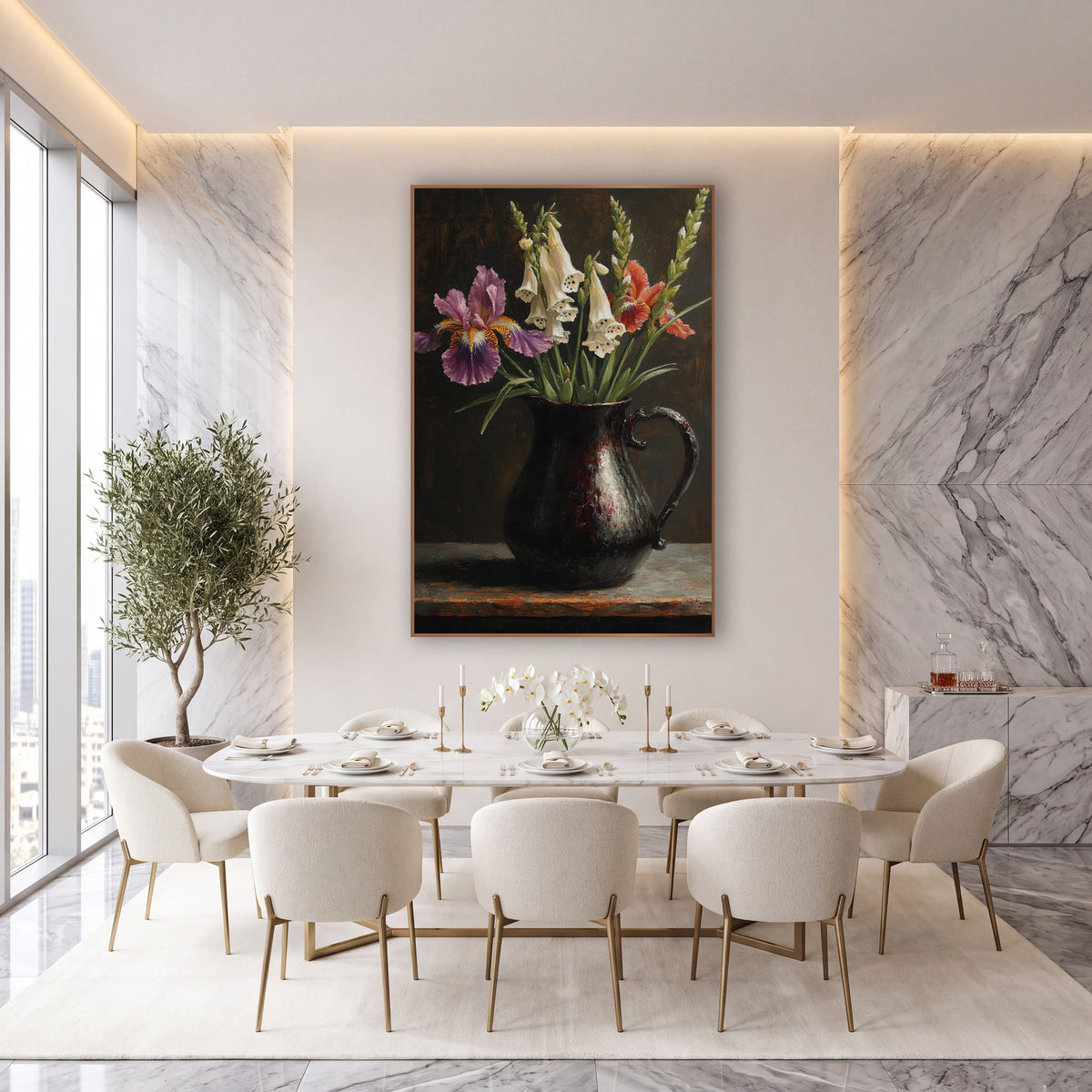 Lavender Iris Upright Foxglove Dramatic wall art in an elegant modern room – purple and coral irises with white