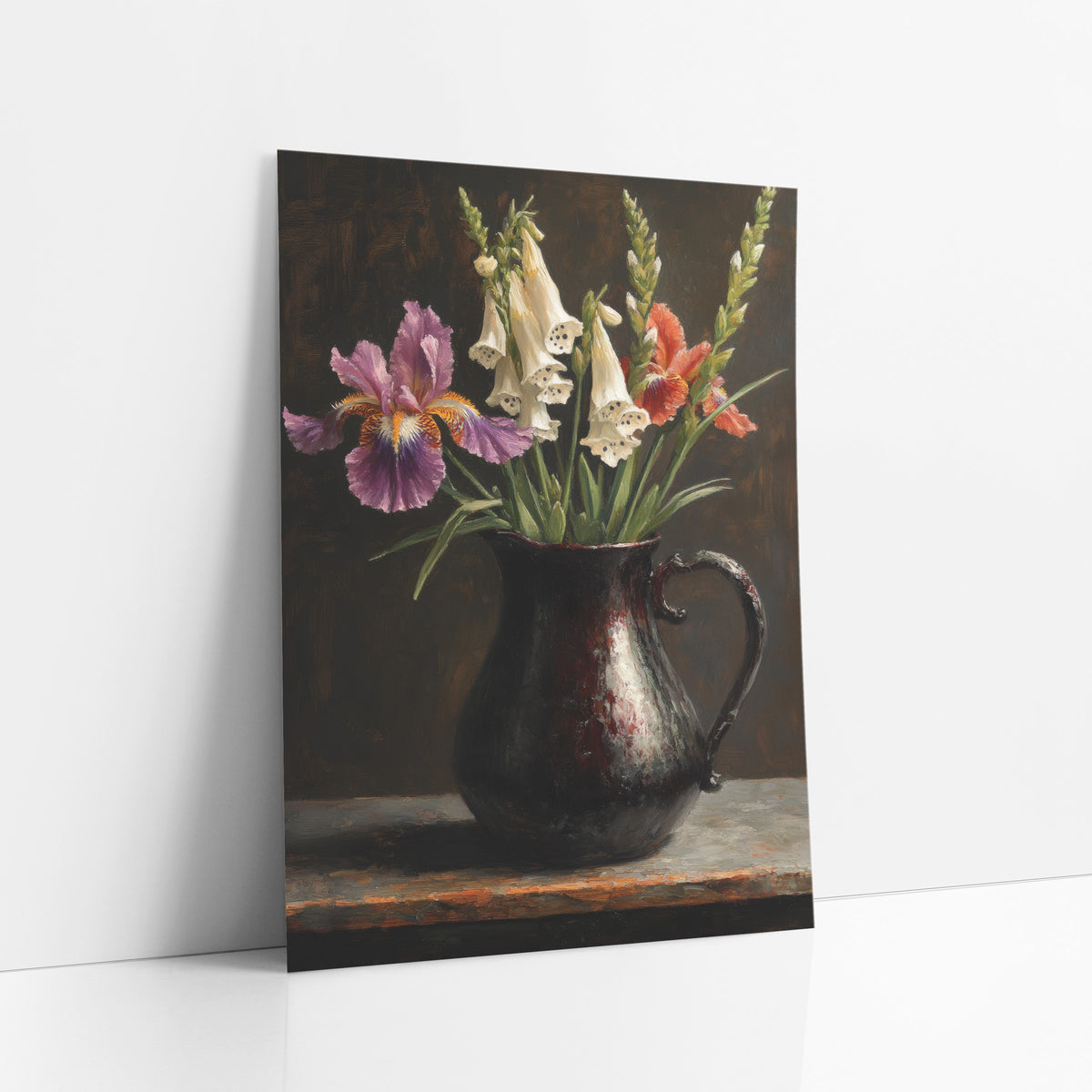 Lavender Iris Upright Foxglove Dramatic art print leaning against a white wall – purple and coral irises with white spotted