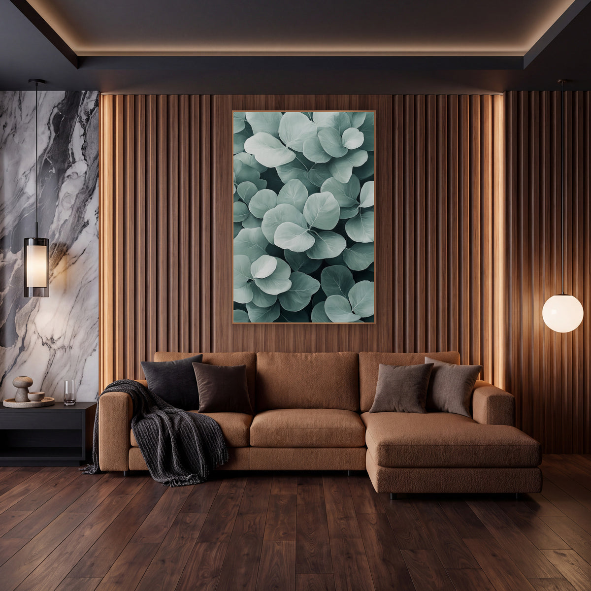 Layered Sage Leaves Spa Style wall art in an elegant modern room – close-up of overlapping rounded sage green leaves