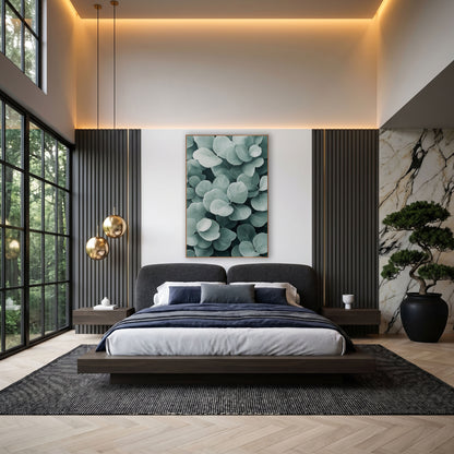 Layered Sage Leaves Spa Style wall art in an elegant modern room – close-up of overlapping rounded sage green leaves