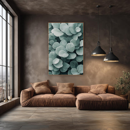 Layered Sage Leaves Spa Style wall art in an elegant modern room – close-up of overlapping rounded sage green leaves