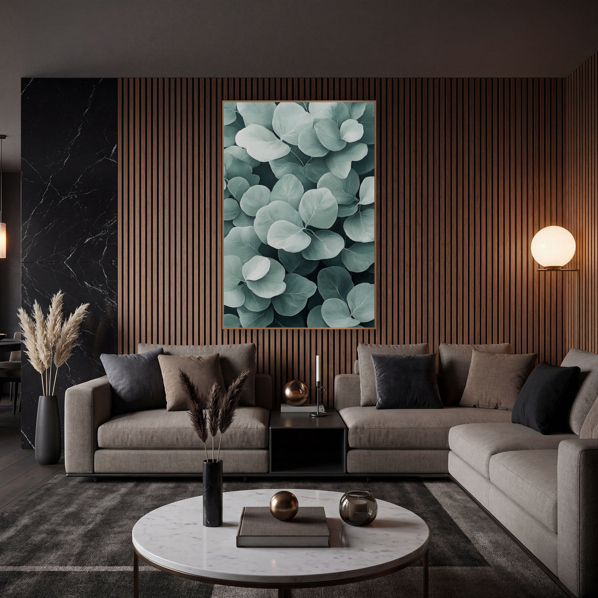 Layered Sage Leaves Spa Style wall art in an elegant modern room – close-up of overlapping rounded sage green leaves