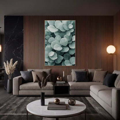Layered Sage Leaves Spa Style wall art in an elegant modern room – close-up of overlapping rounded sage green leaves