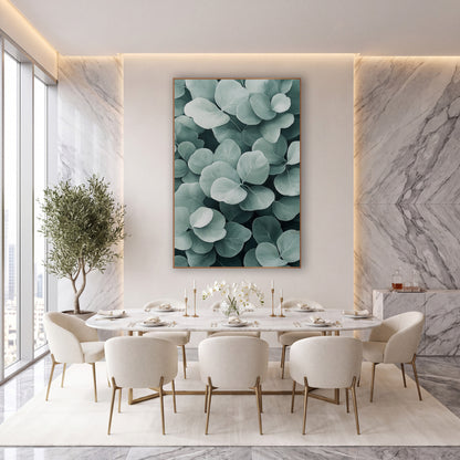 Layered Sage Leaves Spa Style wall art in an elegant modern room – close-up of overlapping rounded sage green leaves