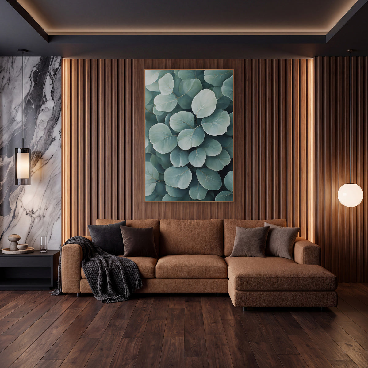Soft Sage Round Leaf Botanical wall art in an elegant modern room – close view of overlapping round sage green leaves
