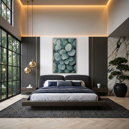 Soft Sage Round Leaf Botanical wall art in an elegant modern room – close view of overlapping round sage green leaves
