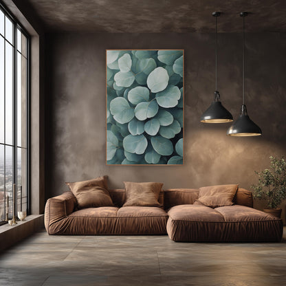 Soft Sage Round Leaf Botanical wall art in an elegant modern room – close view of overlapping round sage green leaves