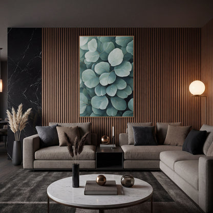 Soft Sage Round Leaf Botanical wall art in an elegant modern room – close view of overlapping round sage green leaves