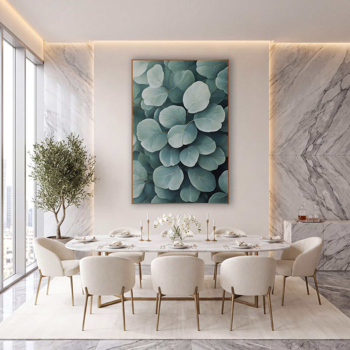 Soft Sage Round Leaf Botanical wall art in an elegant modern room – close view of overlapping round sage green leaves