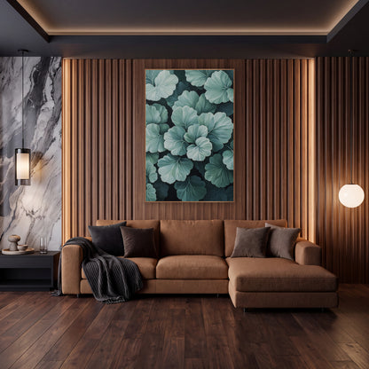 Silvery Sage Scalloped Leaf Botanical wall art in an elegant modern room – close view of overlapping scalloped leaves