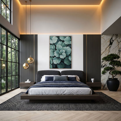 Silvery Sage Scalloped Leaf Botanical wall art in an elegant modern room – close view of overlapping scalloped leaves
