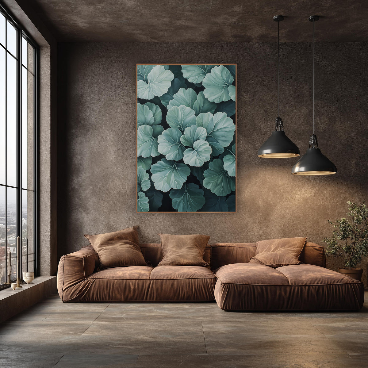 Silvery Sage Scalloped Leaf Botanical wall art in an elegant modern room – close view of overlapping scalloped leaves