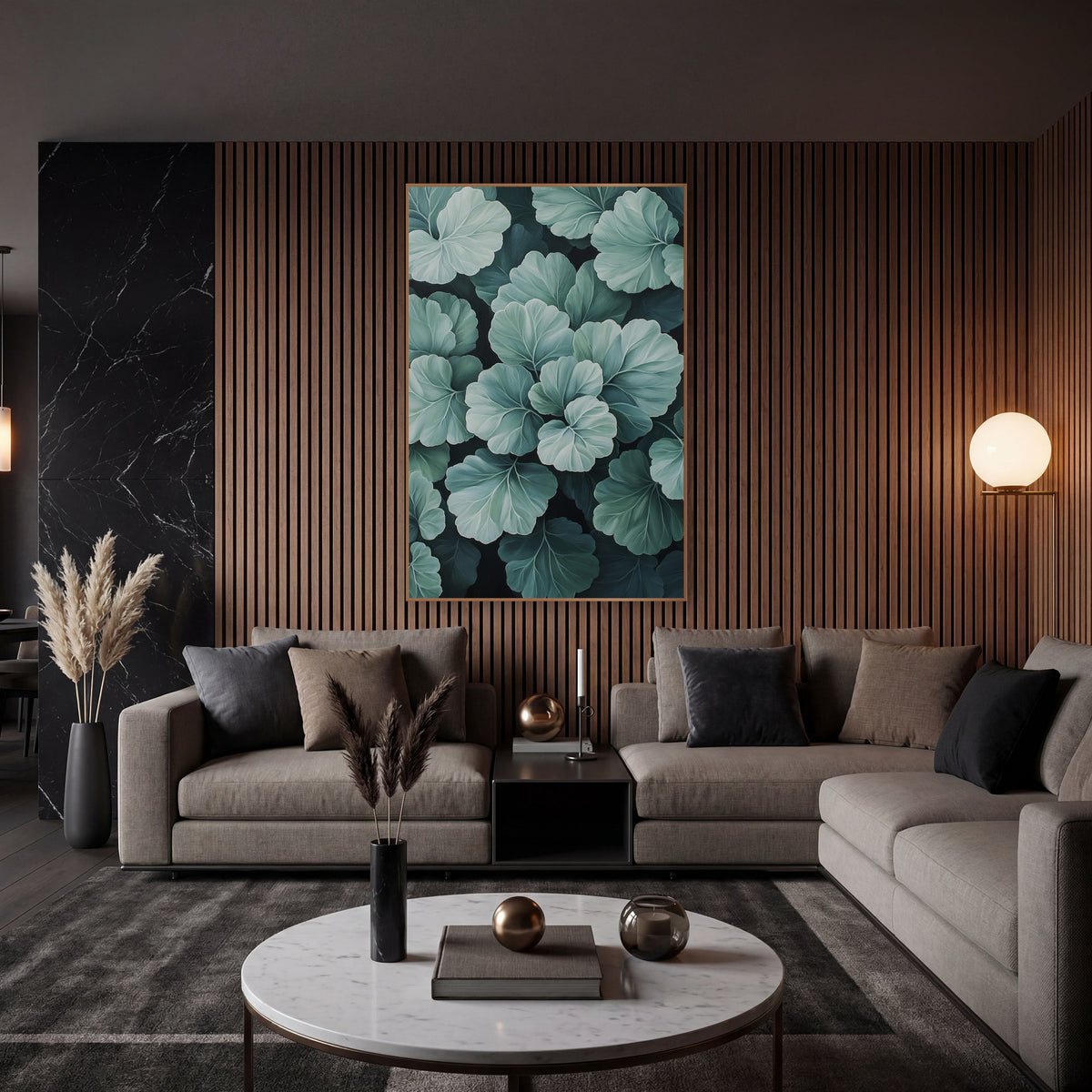 Silvery Sage Scalloped Leaf Botanical wall art in an elegant modern room – close view of overlapping scalloped leaves