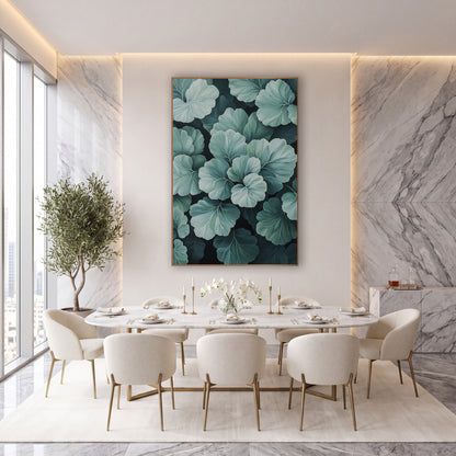 Silvery Sage Scalloped Leaf Botanical wall art in an elegant modern room – close view of overlapping scalloped leaves