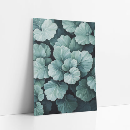 Silvery Sage Scalloped Leaf Botanical art print leaning against a white wall – close view of overlapping scalloped leaves